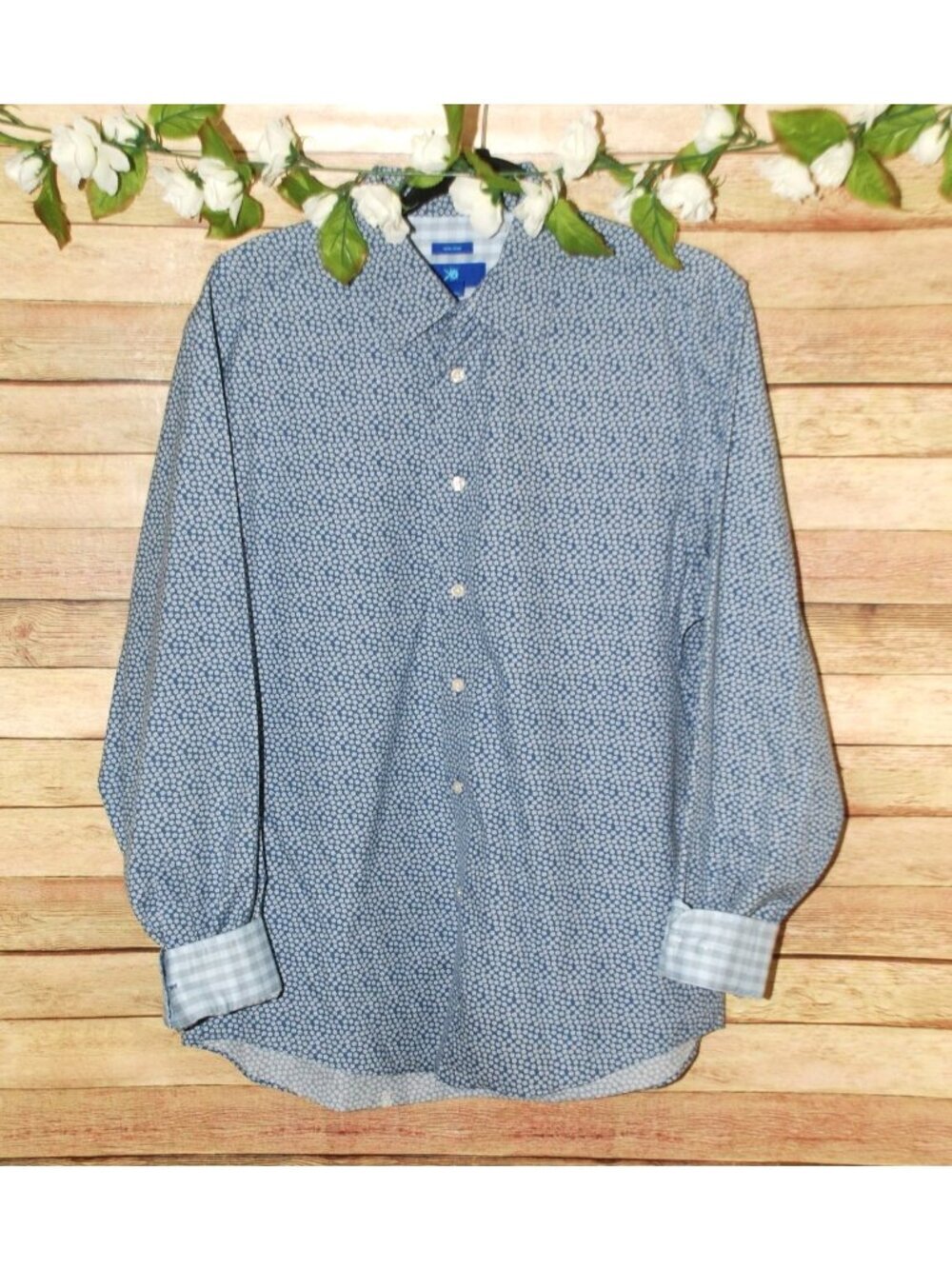 Egara Blue Floral Men's Shirt Size L Non Iron Cotton Contrast Cuffs Button Up